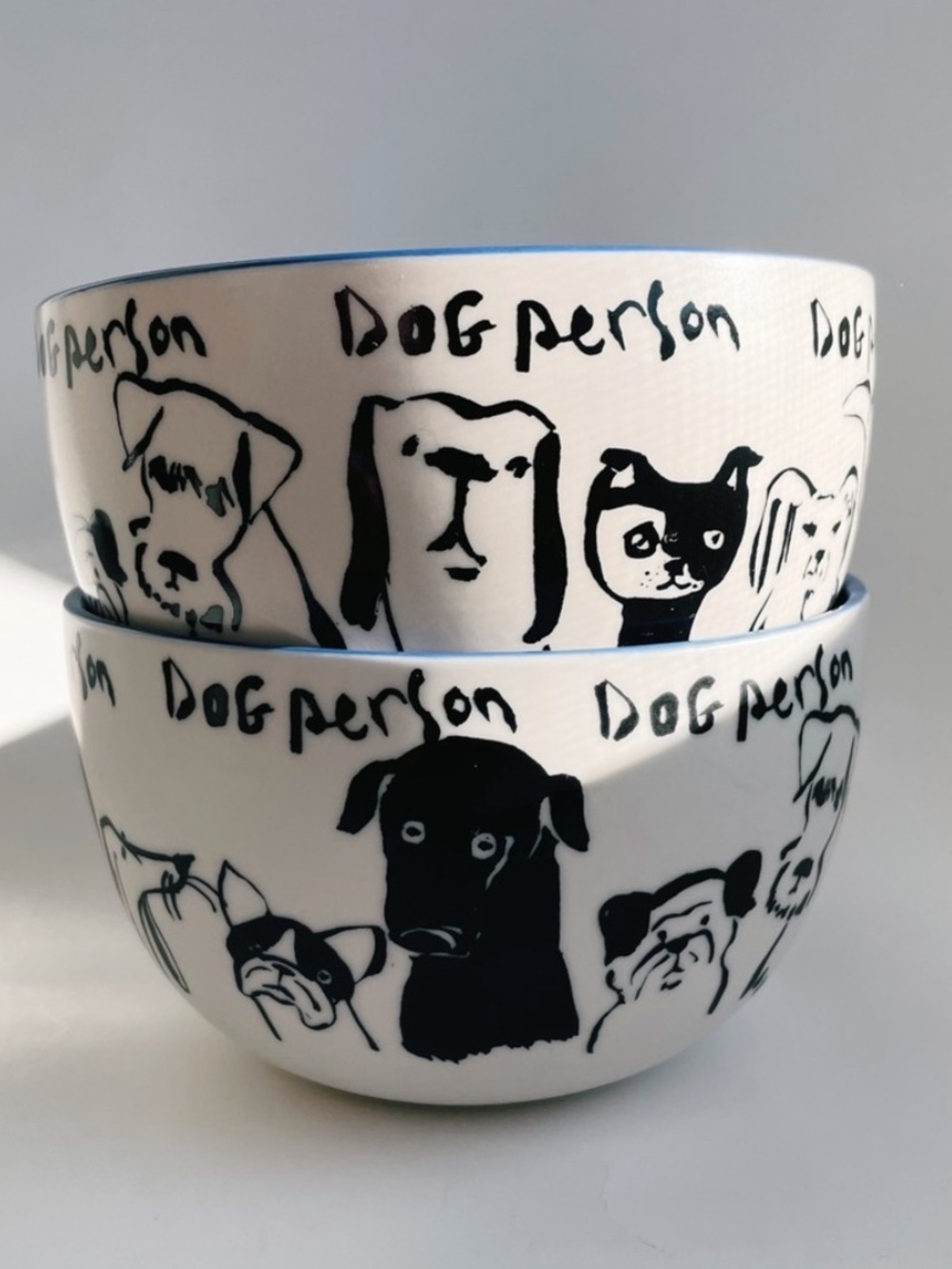 2 Anthropologie Dog Person Dinnerware Serve-ware Bowls Black& White Blue Puppy